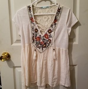 Ivory Floral Peplum Lace Back Peasant Top
